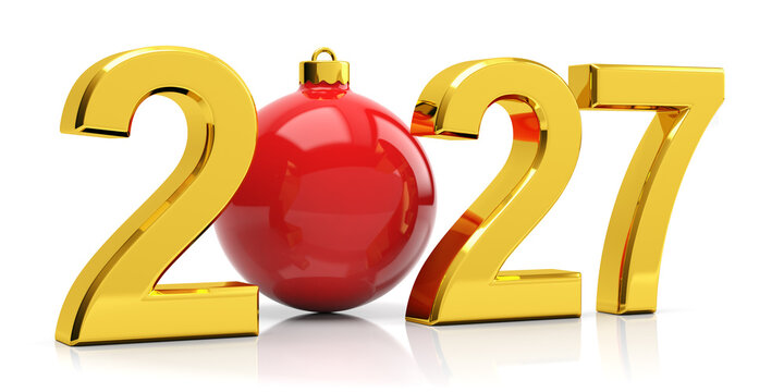 Happy new year 2027 concept with golden numbers and red christmas bauble isolated on white background