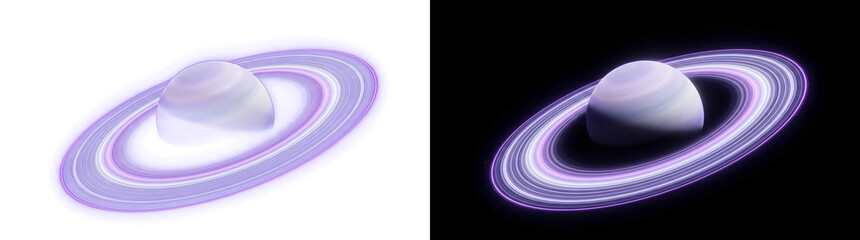 Purple ringed planet resembling Saturn glows softly against a dark space background in PNG, Transparent and Black Background Versions for design © Guddoo
