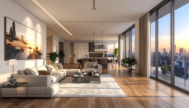 Luxury urban penthouse with sunset city views.