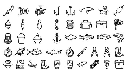 Modern Fishing Line Icons Set with Fisherman Gear Fish Rod Reel Hook Net and Buoy Editable Stroke Vector Collection © MdAman