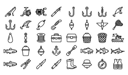 Simple Fishing Line Icon Set with Fish Hook Rod Reel Net Buoy and Fisherman Equipment Editable Stroke Vector EPS10 © MdAman
