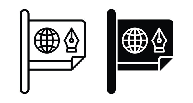 Global journalism flag icon set featuring world globe and fountain pen nib symbols for international press and creative writing media