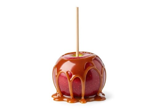 Caramel apple with drizzled topping on stick ready to eat