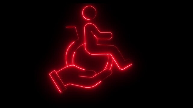 glowing neon Healthcare support icon isolated on black background. hand holding disabled person in a wheelchair icon, representing community care, Disability Support ,Accessibility and charity