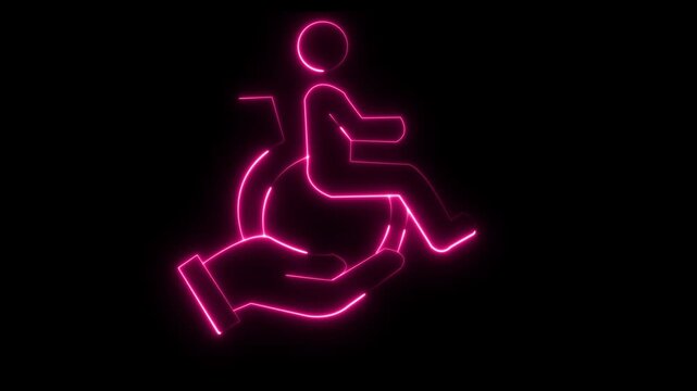 glowing neon Healthcare support icon isolated on black background. hand holding disabled person in a wheelchair icon, representing community care, Disability Support ,Accessibility and charity