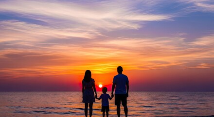 Fototapeta premium Parents and child silhouette walking on beach during sunset.