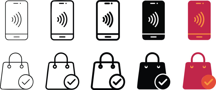 Minimalist vector graphic set featuring mobile payment icons and shopping bag symbols for modern digital commerce and retail website interfaces
