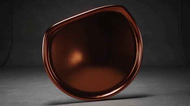 Tilting polished copper gold form shifting balance and rotating on studio floor, with highlights