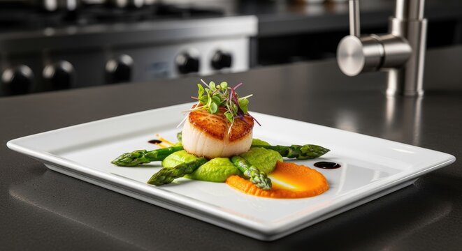 Seared scallop dish with puree on white square plate.