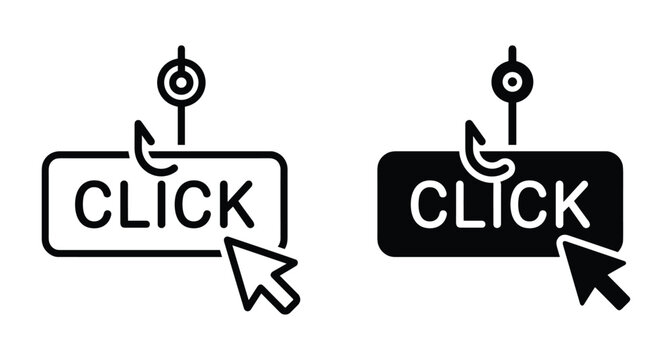 Clickbait phishing icon set showing click button on fishing hook with cursor arrow for cyber security and online fraud concept