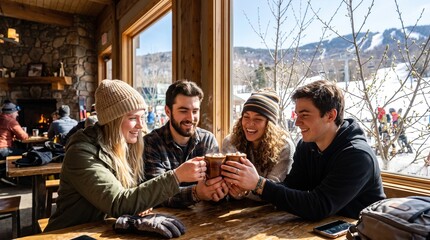 Fototapeta premium College students toasting hot chocolate at a ski resort cafe