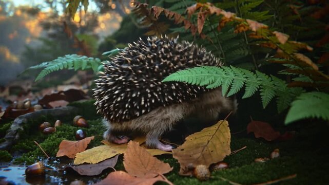 Sniffing small hedgehog reacting to acorn scent, probing forest floor, foraging in moss, puddles