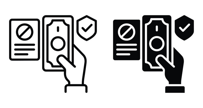 Hand holding money bill with security shield and prohibited document icons representing financial compliance fraud prevention and secure payment verification