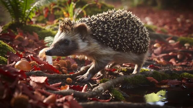 Walking hedgehog foraging for acorns and mushrooms on damp leaf litter, sniffing toward puddle