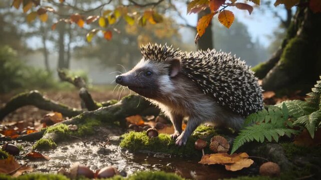 Reacting to dripping leaf, hedgehog lifting head, testing mossy root near puddle in autumn woodland