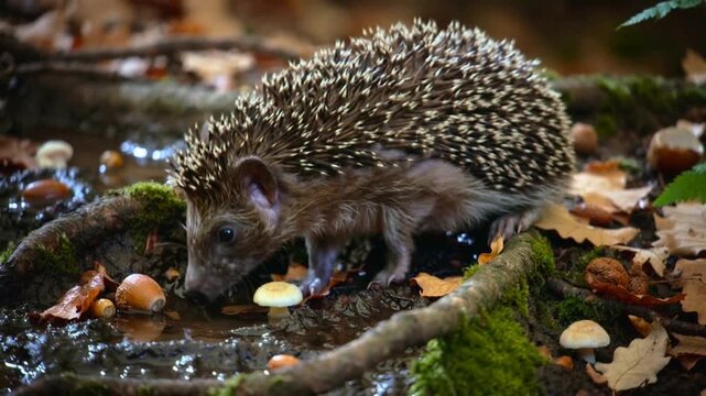Approaching hedgehog scenting water, sniffing puddle edge, testing paw near moss roots to drink