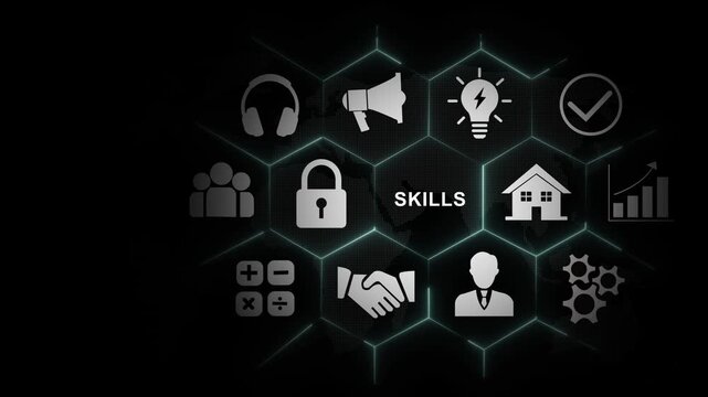 Digital infographic featuring animated hexagonal network representing essential business skills, career development, corporate strategy, leadership, and modern technological growth concepts