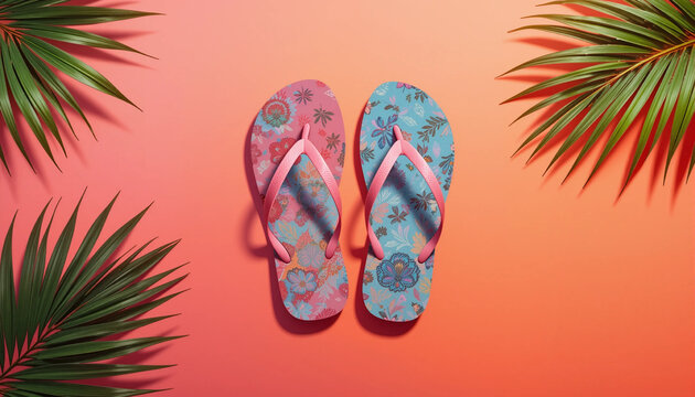 Pair of colorful flip flops resting on a bold pink surface with tropical green leaves around them, evoking a fun beach and summer mood.