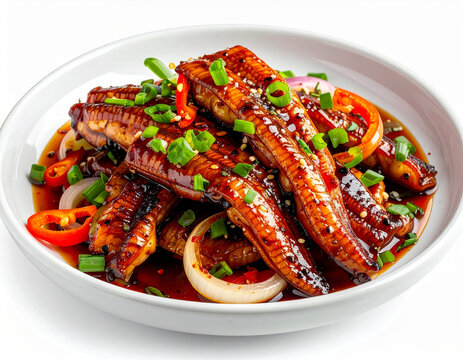 Fried eel in a spicy sauce with onions, peppers, scallions, and seasonings, white bowl. AI