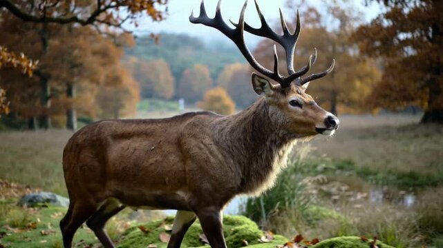 Shifting stag stepping right across mossy clearing by pond, surveying surroundings with antlers