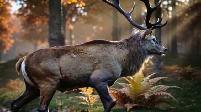 Drinking stag lifting head, glancing toward lens then stepping through woodland pool, antlers lit