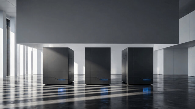 Three dark supercomputer mainframe servers with blue led lights in a modern bright corporate data center