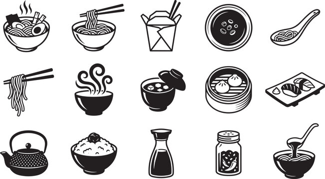 Asian food dishes and traditional Japanese sushi ramen vector icons set with noodle bowl takeout box dim sum and teapot black silhouettes