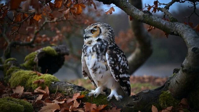 Perching single owl making small head turn, checking and preening on mossy branch with leaves