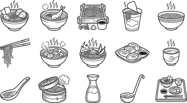 Asian noodle soup dishes and traditional Japanese ramen vector icons set with bowl chopsticks dim sum and gyoza line art design elements