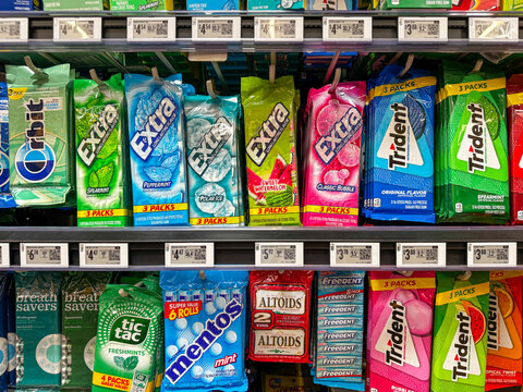 Mesa, Arizona - June 27, 2026: Display of chewing gum and breath mints at a Walmart store, in various brands and varieties