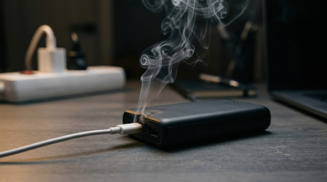 Smoking power bank connected to charging cable on desk symbolizing lithium battery overheating fire hazard electrical safety device failure charging risk and consumer electronics