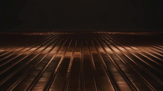 Sweeping rig casting shifting copper glow across ribbed metal panel on stage with dark backdrop