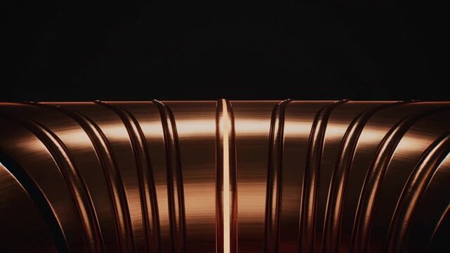 Moving camera revealing polished copper ribbed form in dark studio, showing luminous central seam