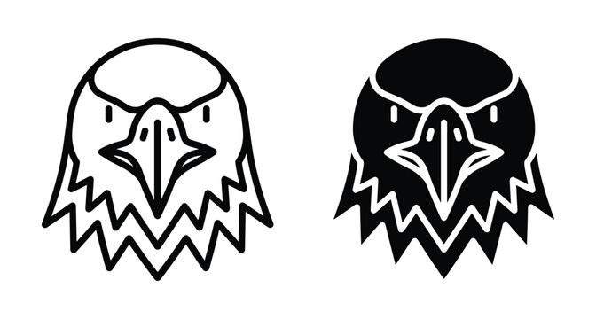 Eagle head mascot icon set featuring bald eagle face in outline and solid black styles for sports team logo design branding