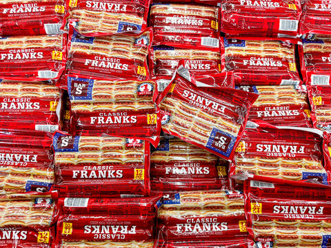 Mesa, Arizona - June 28, 2026: Display of Bar S brand Classic Franks hot dogs at Walmart