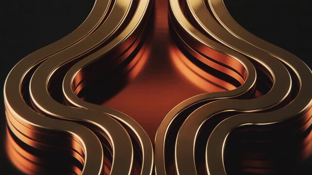 Shifting camera revealing stacked wavy metallic ribbons in dark studio, showing copper reflection