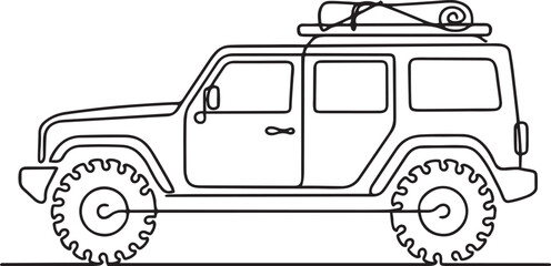 Fototapeta premium Single one line drawing rugged off-road sport vehicle equipped with a roof rack, large tires. Powerful illustration of outdoor adventure.one line icon drawing
