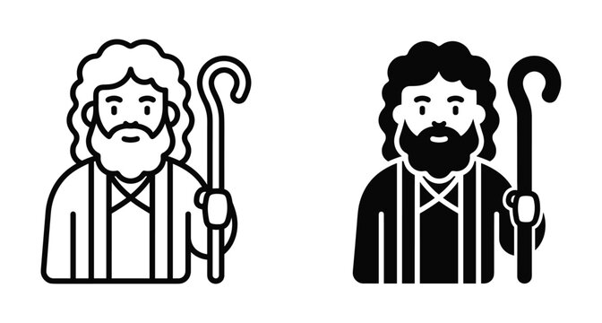 Shepherd icon set featuring a bearded man holding a wooden staff in outline and solid black flat vector graphic style
