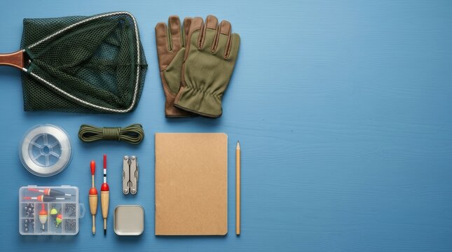 Fishing gear essentials arranged on blue wooden surface top view