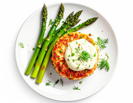 Salmon patty topped with tartar sauce, asparagus, top view. AI