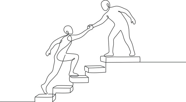 Continuous line drawing of man helping partner climb up stairs, corporate teamwork mentorship and mutual support concept vector graphic design