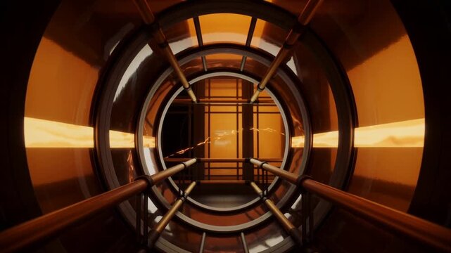 Sparking golden ribbon twisting, focusing, pulsing toward bulkhead inside shaft with rails, lights