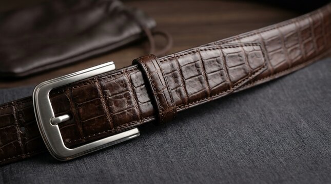 Detailed brown crocodile leather belt with silver buckle and pouch