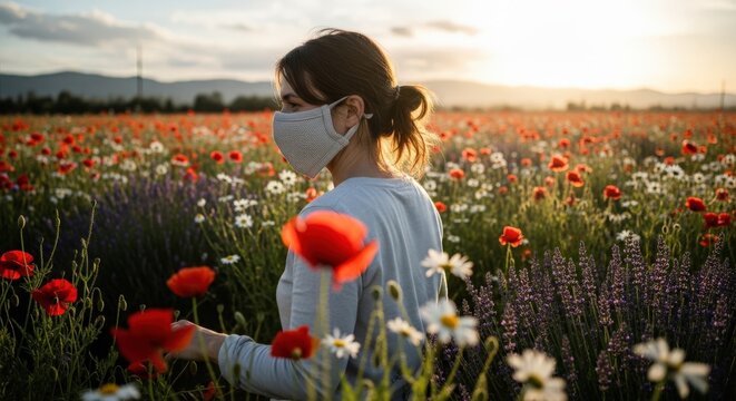 Woman in face mask in blooming poppy, lavender, and daisy field at sunset. Evokes health, wellness, and safe nature connection.