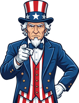 Uncle sam character pointing forward in traditional patriotic suit