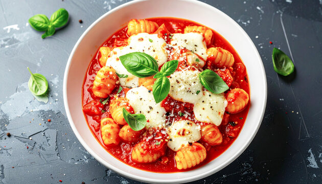 Gnocchi with mozzarella cheese in tomato sauce, white bowl, top view. AI