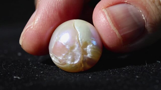 Approaching thumb and index fingers nudging baroque pearl on black mat to reveal hairline crack