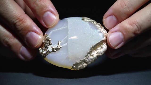 Entering hands rotating and presenting round geode on dark table showcasing druzy and gold matrix