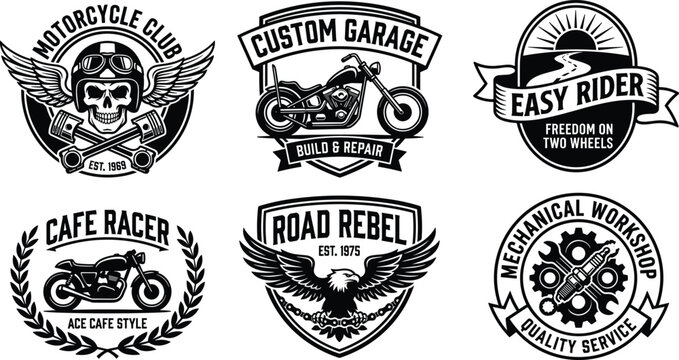 Vintage motorcycle workshop logos and biker culture emblems with custom choppers and mechanical tools