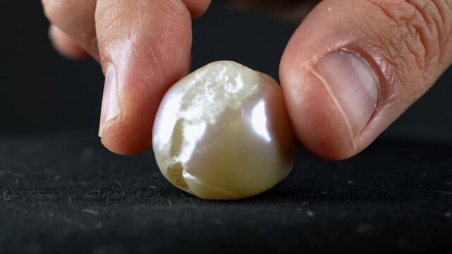 Touching fingertips rotating baroque pearl to reveal nacre and rough deposits on black pad at bench
